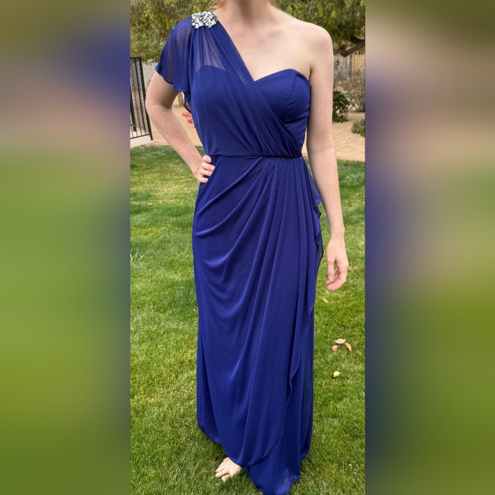 Xscape Blue Asymmetrical Ruched One-Shoulder Gown